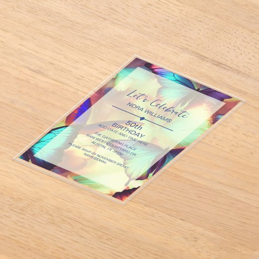 バタフライ誕生日招待状アクリル アクリル招待状 (レイダウン)