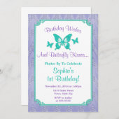 バタフライ誕生日招待状パープルティール（緑がかった色） 招待状 (正面/裏面)