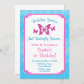 バタフライ誕生日招待状ピンク1st誕生日 招待状 (正面/裏面)