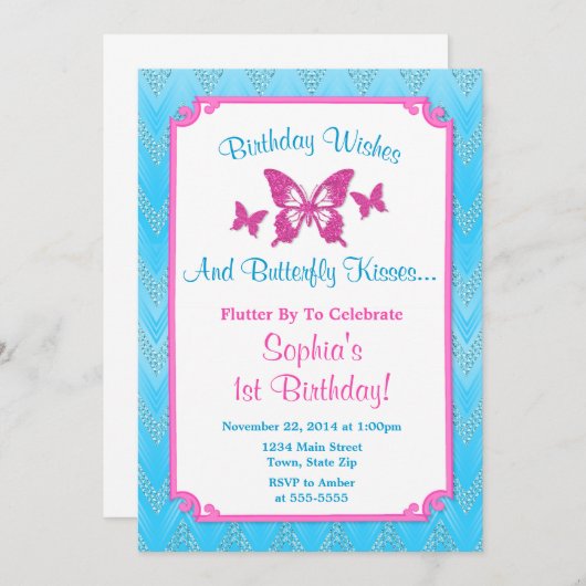 バタフライ誕生日招待状ピンク1st誕生日 招待状 (正面/裏面)