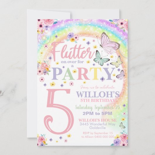 バタフライ誕生日招待状レインボーバタフライ 招待状 (正面)