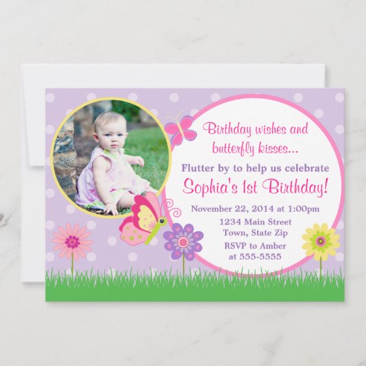 バタフライ誕生日招待状5x7フォトカード 招待状 (正面)