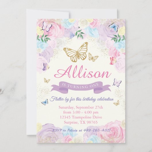 バタフライ誕生日招待状 招待状 (正面)