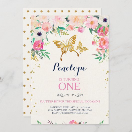 バタフライ誕生日招待状 招待状 (正面/裏面)