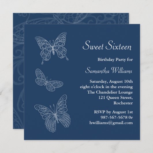 バタフライ誕生日招待状(青) 招待状 (正面/裏面)