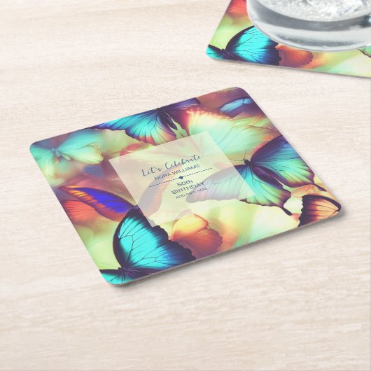 バタフライ誕生日紙コースター スクエアペーパーコースター (アングル)