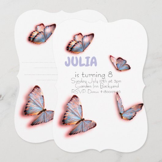 バタフライ誕生日 招待状 (正面/裏面)
