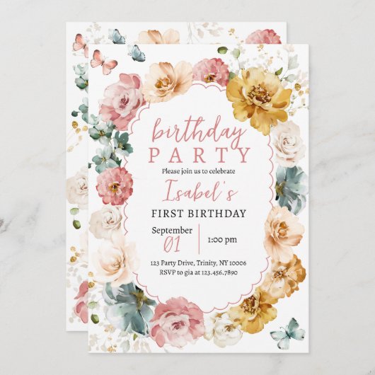 バタフライ誕生日 招待状 (正面/裏面)