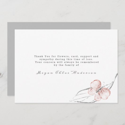 バタフライ赤面ピンクの葬儀サンキューカード サンキューカード (正面/裏面)