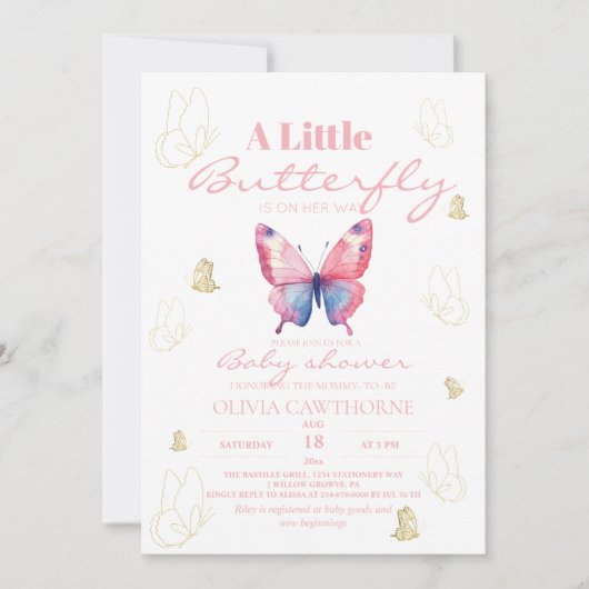 バタフライ金ゴールドベビーガールシャワー 招待状 (正面)