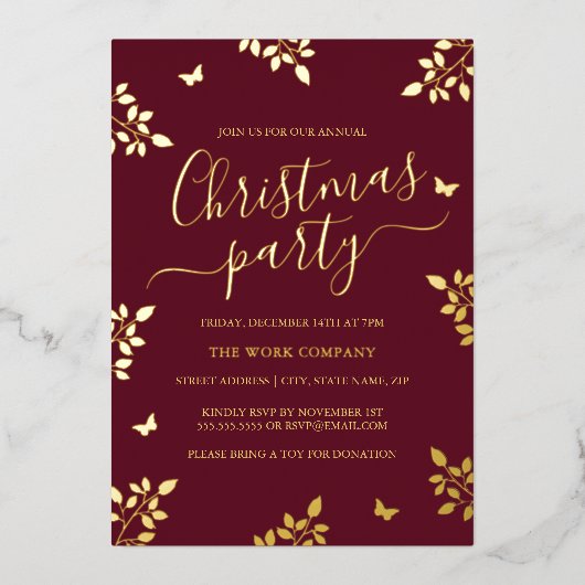 バタフライ金ゴールドリーフレッド企業のクリスマスパーティー 箔招待状 (正面)