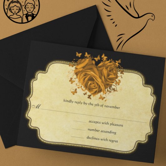 バタフライ金属金ゴールドハート金ゴールドフェイク羊皮紙 出欠カード