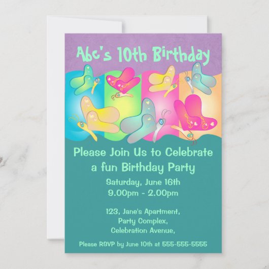 バタフライ鮮やか誕生日カード 招待状 (正面)