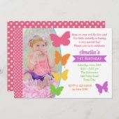 バタフライ1歳の招待状とフォトガール 招待状 (正面/裏面)