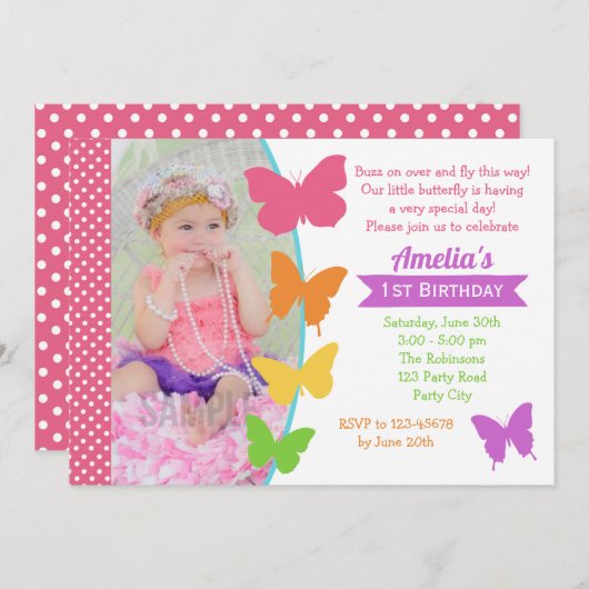 バタフライ1歳の招待状とフォトガール 招待状 (正面/裏面)