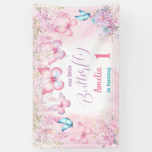 バタフライ1stバースデーガールピンク夏のバナー 横断幕 (縦)