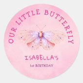 バタフライ1st誕生日テーマピンクウォーター色パーティー ラウンドシール (正面)