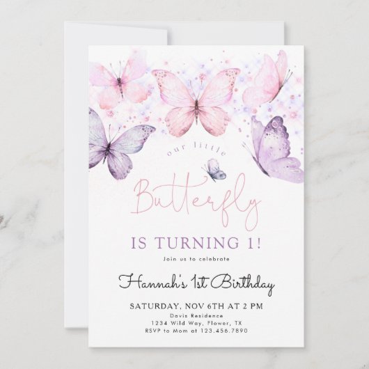 バタフライ1st誕生日招待状ガール 招待状 (正面)