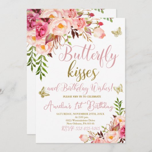 バタフライ1st誕生日、ガールズファースト誕生日 招待状 (正面/裏面)