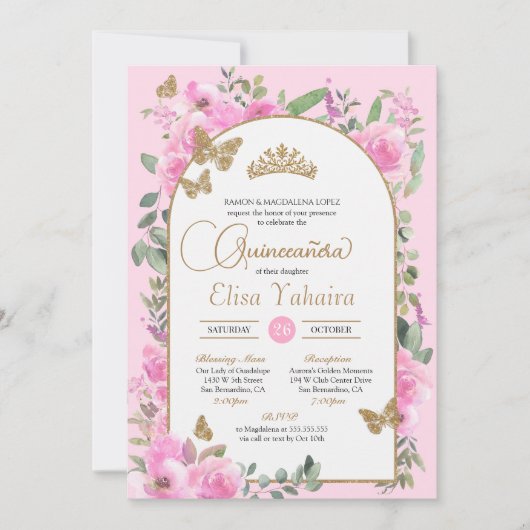バタフライ キンセアニエラ ピンク 水彩 花 招待状 (正面)