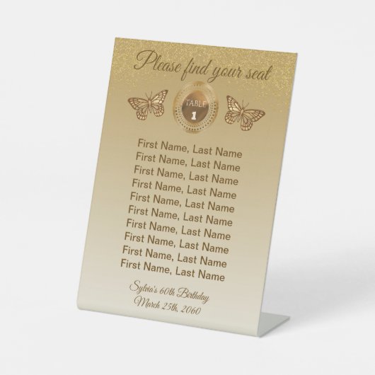 バタフライ&ゴールドグリッター テーブルナンバーサイン 台座サイン (正面)
