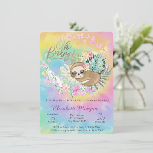 バタフライ、スリーピングスロース タイダイ ベビーシャワー   招待状 (スタンド正面)