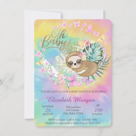 バタフライ、スリーピングスロース タイダイ ベビーシャワー   招待状 (正面)