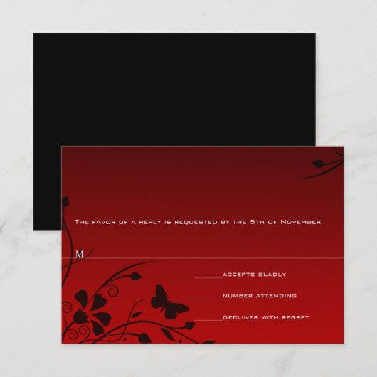 バタフライ スワール レッド アンド ブラック RSVP カード (正面/裏面)