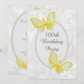 バタフライ ダマスク柄 100歳の誕生日 二面印刷 招待状 (正面/裏面)