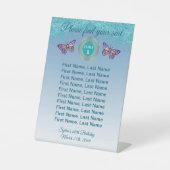 バタフライ & ティールブルー グリッター テーブルナンバーサイン 台座サイン (正面)