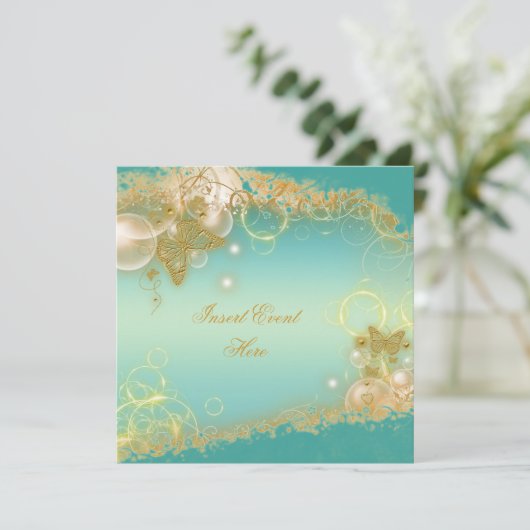 バタフライ テーマ ゴールド ティール エレガント 招待状 (スタンド正面)
