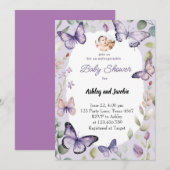 バタフライ パープル グリーンネリー フラワープリント  女の子 招待状 (正面/裏面)