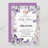 バタフライ パープル グリーンフローラル ガール 招待状 (正面/裏面)