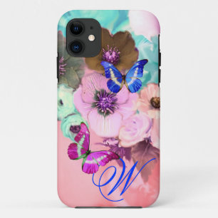 バタフライ、ピンクの水色のバラとアネモネの花 iPhone 11 ケース