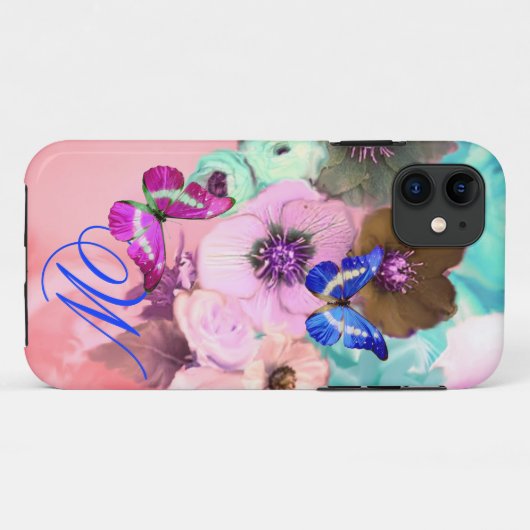 バタフライ、ピンクの水色のバラとアネモネの花 Case-Mate iPhoneケース (裏面(横))