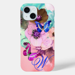 バタフライ、ピンクの水色のバラとアネモネの花 iPhone 15ケース