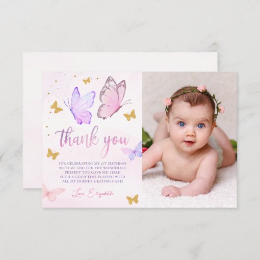 バタフライ ピンク パープル ゴールド ガール 1歳の誕生日 写真 サンキューカード (正面/裏面)