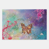 バタフライ、ピンク ブルー パープル グリーン スパークル フローラル ラッピングペーパーシート (正面2)