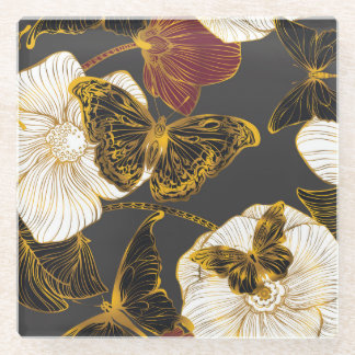 バタフライ&フラワーズ: 春のボヘミアンパターン ガラスコースター