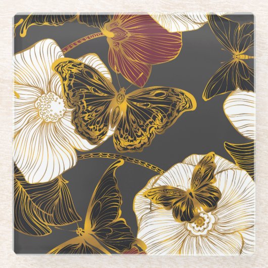 バタフライ＆フラワーズ: 春のボヘミアンパターン ガラスコースター (正面)