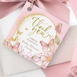 バタフライ&フラワーピンクグリッターガールベビーシャワー フェイバータグ