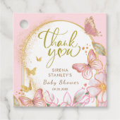 バタフライ&フラワーピンクグリッターガールベビーシャワー フェイバータグ (正面)