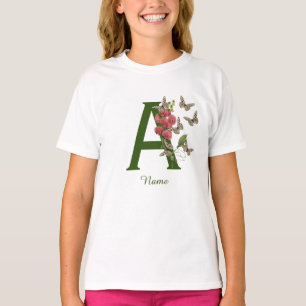 バタフライ フラワー モノグラムイニシャル A 名前入り Tシャツ