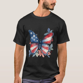 バタフライ フローラル アメリカ国旗 7月4日 ガールズ Tシャツ