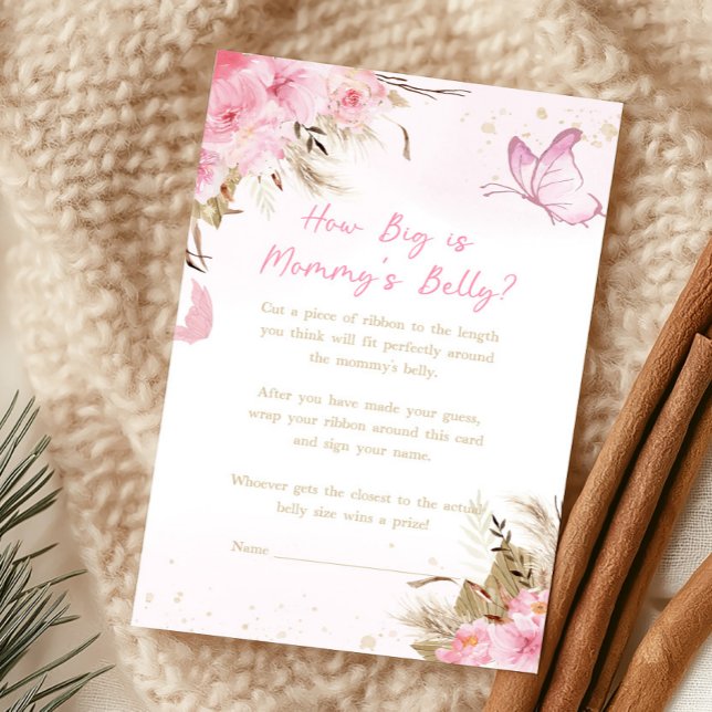 バタフライ フローラル ママのお腹どれくらいゲーム (Pink Butterfly Baby Shower How Big Is Mommy's Belly Game)