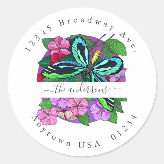 バタフライ&フローラ差出人住所封筒用シール ラウンドシール (正面)