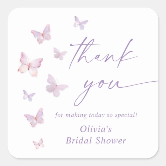 バタフライ ブライダル シャワーの感謝の気持ちを表すギフト スクエアシール (正面)