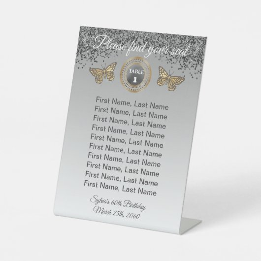 バタフライ＆ブラックグリッター、ホイルテーブルナンバーサイン 台座サイン (正面)