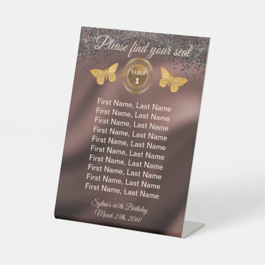 バタフライ&ブラックグリッター、ホイルテーブルナンバーサイン 台座サイン (正面)