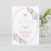 バタフライ ブルー ピンク フラワーベビーシャワー 招待状 (スタンド正面)
